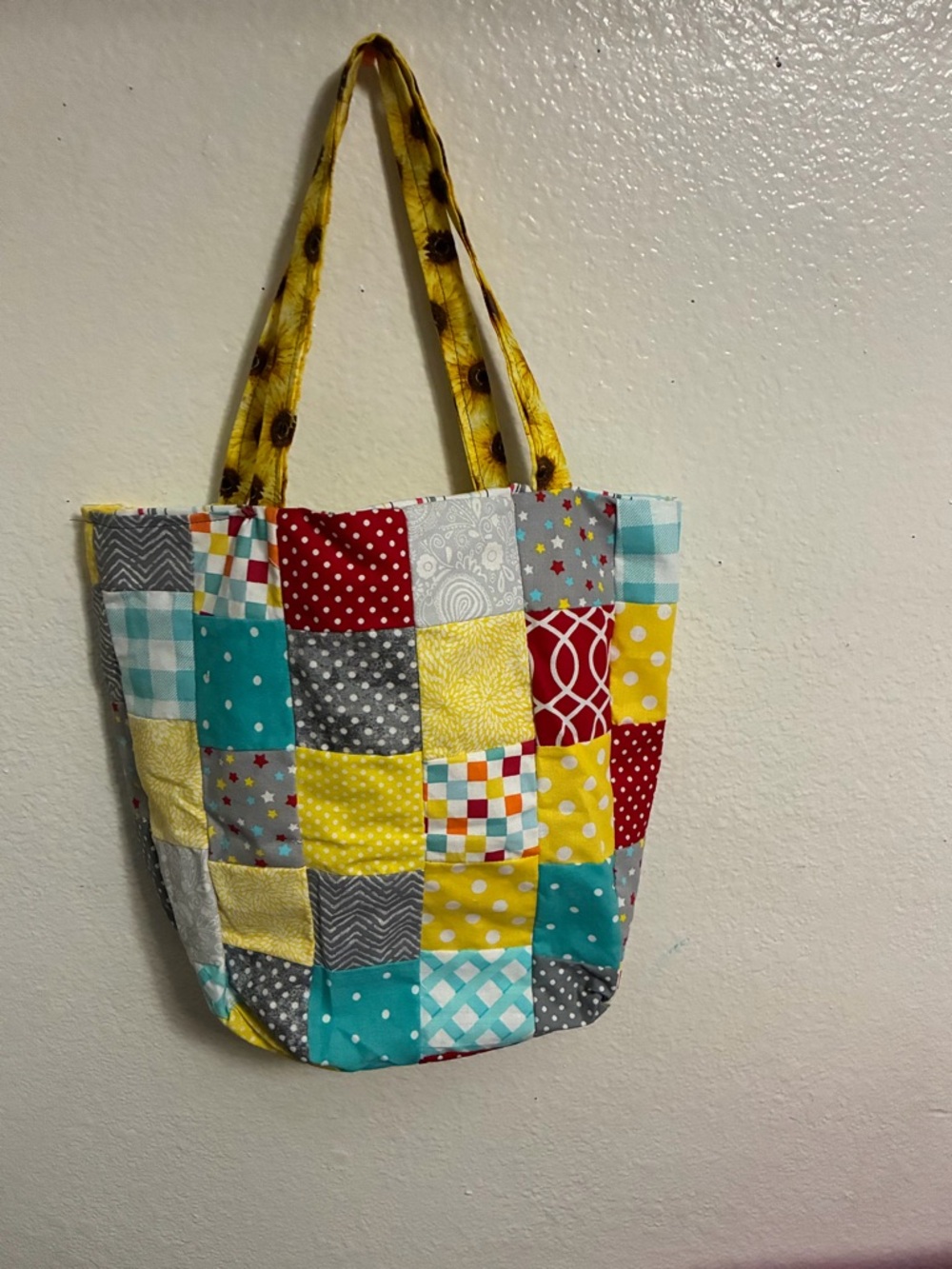 Patchwork Quilted Tote Bag in Yellow, Teal & Red